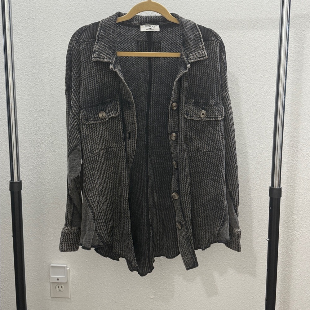 Zenana Mineral Washed Black Waffle Knit Shacket